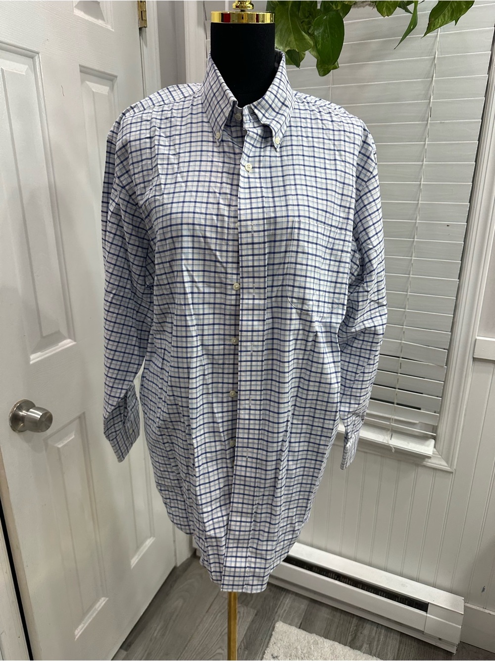 Brooks Brothers White Shirt with Blue Windowpane Check
